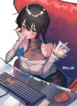  1girl black_choker black_hair black_skirt blunt_bangs bocchi_the_rock! breasts chair chin_piercing choker coaster colored_inner_hair dress drink ear_piercing glass_table green_eyes grey_dress head_rest highres holding holding_drink keyboard_(computer) large_breasts long_hair multicolored_hair off-shoulder_sweater off_shoulder pa-san piercing purple_hair scripco sitting skirt solo sweater table turtleneck twitter_username 
