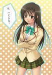  blazer breast_hold breasts brown_hair hashi jacket kotegawa_yui large_breasts long_hair school_uniform solo to_love-ru translated 