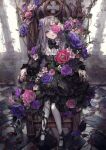  1girl black_bow black_bowtie black_dress bow bowtie checkered_floor crossed_legs dress flower gothic_lolita grey_hair highres lolita_fashion long_hair looking_at_viewer missile228 original overgrown pink_flower purple_flower sitting solo too_many_flowers very_long_hair 