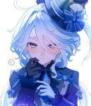  1girl ahoge artist_name ascot asymmetrical_gloves black_ascot black_gloves blue_bow blue_brooch blue_eyes blue_hair blue_hat blue_jacket bow closed_mouth crying crying_with_eyes_open furina_(genshin_impact) furrowed_brow genshin_impact gloves hair_between_eyes hat heterochromia highres jacket light_blue_hair long_hair mismatched_gloves multicolored_hair pudding_15 sidelocks simple_background solo streaked_hair teardrop tears top_hat two-tone_hair upper_body white_background white_gloves white_hair 
