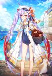  1girl age_of_ishtaria bag bird blue_neckerchief blue_one-piece_swimsuit blue_sky blush bow cagliostro_(age_of_ishtaria) cat coat copyright_name copyright_notice covered_navel hair_bow hair_ornament hat highres looking_at_viewer munlu_(wolupus) neckerchief ocean one-piece_swimsuit purple_hair red_eyes sailor_collar seagull shoulder_bag sky solo swimsuit white_bow white_coat white_hat 