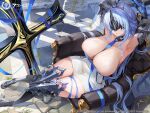  1girl absurdres alsace_(azur_lane) armored_boots armpits arms_up azur_lane between_breasts black_footwear black_gauntlets black_thighhighs black_tiara blue_hair blue_ribbon boots bound bound_wrists breast_strap breasts cleavage copyright_name covered_eyes covered_navel cross dress gauntlets halo high_heel_boots high_heels highres huge_breasts large_breasts logo long_hair looking_at_viewer masked official_art open_mouth parted_bangs parted_lips ribbon second-party_source short_dress sitting skindentation solo thighhighs tiara very_long_hair weapon white_dress wings 