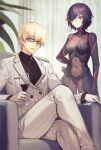  1boy 1girl alcohol black_bodysuit black_hair blonde_hair bodysuit breasts character_request commission covered_navel cup drinking_glass dynamitenatalia fate_(series) glasses green_eyes hair_over_one_eye highres large_breasts looking_at_viewer pixiv_commission red_eyes short_hair sitting suit tachie_(fate) thighs type-moon white_suit wine wine_glass 