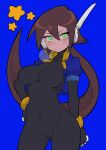 1girl absurdres aile_(mega_man_zx) black_bodysuit blue_background blue_jacket blush bodysuit bodysuit_under_clothes breasts brown_hair buzzlyears covered_collarbone covered_navel cropped_jacket glowing green_eyes hand_on_own_hip highres jacket large_breasts long_hair looking_at_viewer mega_man_(series) mega_man_zx mega_man_zx_advent no_pants open_clothes open_jacket ponytail robot_ears simple_background slit_pupils solo 