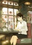  black_hair cafe cellphone drink highres original phone short_hair solo teikoku_shounen window 