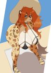 anthro big_breasts bikini biped blue_eyes breasts clothed clothing eyelashes felid female fur hat headgear headwear hi_res huge_breasts katrosh looking_at_viewer mammal markings pantherine pupils smile solo spots spotted_body spotted_fur swimwear thick_thighs