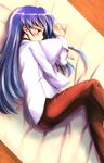  blue_hair blush brown_eyes hug idolmaster idolmaster_(classic) idolmaster_1 kisaragi_chihaya long_hair lying npon515 pillow pillow_hug solo 