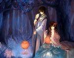  1girl ahoge axis_powers_hetalia bad_id bad_pixiv_id black_hair brown_eyes brown_hair changpao chinese_clothes dhiea dress flower forest fox_mask hair_flower hair_ornament japan_(hetalia) japanese_clothes long_hair mask nature night pot sleeves_past_wrists taiwan_(hetalia) tree yellow_eyes 