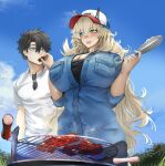  1boy 1girl absurdres alternate_costume bad_hands barghest_(fate) baseball_cap black_hair blonde_hair blue_eyes breasts cleavage cooking extra_digits fate/grand_order fate_(series) feeding food fujimaru_ritsuka_(male) grill grilling hat heterochromia highres holding horns huge_breasts jacket large_breasts long_hair meat obazzotto open_clothes open_jacket open_mouth shirt short_hair smile star-shaped_pupils star_(symbol) sunglasses symbol-shaped_pupils unworn_eyewear yellow_eyes 