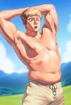  1boy absurdres arms_behind_head arms_up bara belly biceps blonde_hair blue_sky blush bulge closed_mouth cloud cowboy_shot day drawstring dungeon_meshi grass highres laios_touden male_focus mountainous_horizon muscular muscular_male navel nifast_(greentail) nipples open_mouth outdoors pants pectorals short_hair sky solo standing teeth tongue twitter_username upper_teeth_only very_short_hair white_pants yawning 