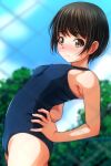  1girl arched_back black_hair blue_one-piece_swimsuit blurry blurry_background breasts brown_eyes chain-link_fence cowboy_shot fence hands_on_own_hips highres matsunaga_kouyou one-piece_swimsuit original school_swimsuit short_hair small_breasts solo stretching swimsuit 