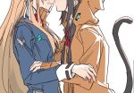  2girls asakura_karen_(heaven_burns_red) black_hair blonde_hair blue_jacket bow heaven_burns_red hood imminent_kiss jacket long_hair multiple_girls red_bow ribbon tail toujou_tsukasa twintails wuubaiwan yuri 