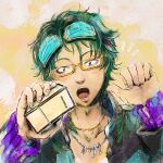  1boy black_hair cotori_(globule) glasses gnosia goggles green_hair highres jacket jewelry long_sleeves looking_at_viewer male_focus necklace open_mouth sha-ming shirt short_hair smile solo upper_body zipper 