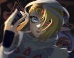  1girl artist_name bandages blonde_hair blue_eyes blurry blurry_foreground circlet depth_of_field emari_39 finger_wrap frown hand_up heterochromia looking_at_viewer parted_lips pointy_ears portrait princess_zelda red_eyes red_lips sheik solo the_legend_of_zelda the_legend_of_zelda:_ocarina_of_time transformation wide-eyed 