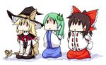  bad_id bad_pixiv_id blonde_hair chibi hakurei_reimu kirisame_marisa kneeling kochiya_sanae multiple_girls shiroshi_(denpa_eshidan) sitting staff touhou |_| 