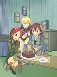  alcohol animal_ears blonde_hair brown_hair cake candle closed_eyes erica_hartmann food gertrud_barkhorn highres knife minna-dietlinde_wilcke multiple_girls niina_ryou one_eye_closed pastry red_hair strike_witches tail wine world_witches_series 