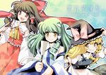  &gt;:) :&gt; :d blonde_hair bow brown_eyes brown_hair detached_sleeves gohei green_hair grin hair_bow hair_ornament hair_tubes hakurei_reimu hand_on_headwear hat kirisame_marisa kochiya_sanae midori_(green_tea) multiple_girls open_mouth orange_eyes smile star touhou undefined_fantastic_object v-shaped_eyebrows witch_hat yellow_eyes 