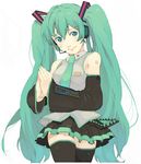  akusyu aqua_hair bad_id bad_pixiv_id blush detached_sleeves green_nails hair_ornament hatsune_miku headset long_hair lowres miniskirt nail_polish necktie pleated_skirt shy skirt smile solo thighhighs twintails very_long_hair vocaloid zettai_ryouiki 