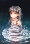  1girl amputee bare_shoulders broiler double_amputee dress expressionless flat_chest grey_dress grey_hair highres long_hair looking_at_viewer original parted_lips red_eyes sketch solo water 