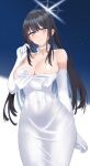  1girl absurdres alternate_eye_color black_hair blue_archive blunt_bangs breasts choker cleavage collarbone covered_navel dress elbow_gloves evening_gown gloves gradient_background halo head_tilt hidis0086 highres large_breasts light_blush long_hair looking_at_viewer night night_sky official_alternate_costume parted_lips playing_with_own_hair purple_eyes saori_(blue_archive) saori_(dress)_(blue_archive) sidelocks sky standing star_(sky) starry_sky teeth thick_thighs thighs white_choker white_dress white_gloves white_halo 