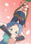  1girl absurdres alternate_costume amagumo1023 aqua_eyes aqua_hair breasts fire_emblem fire_emblem_fates highres large_breasts looking_at_viewer ninja setsuna_(fire_emblem) trapped upside-down 