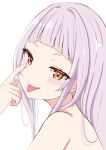  1girl 264_(user_ffyd3374) absurdres akanbe arched_bangs bare_shoulders blush closed_mouth commentary_request eyelid_pull grey_hair highres hololive long_hair looking_at_viewer murasaki_shion portrait short_eyebrows simple_background smile solo tongue tongue_out virtual_youtuber white_background yellow_eyes 