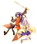  artist_request blue_eyes blue_hair book cape fire_emblem fire_emblem:_akatsuki_no_megami fire_emblem:_souen_no_kiseki gloves ilyana long_hair low-tied_long_hair multiple_girls purple_eyes purple_hair smile sword thighhighs wayu_(fire_emblem) weapon 