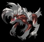  black_background claws clenched_teeth highres leaning lycanroc lycanroc_(midnight) no_humans pokemon pokemon_(creature) red_fur sharp_teeth solo teeth white_fur white_tail xiaopizi32439 