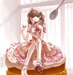  bow brown_eyes brown_hair cosmic_(crownclowncosmic) frills gothic_lolita highres lolita_fashion maid minigirl real_life real_life_insert seiyuu solo spoon tamura_yukari 