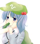  blue_eyes blue_hair cucumber hair_bobbles hair_ornament hat kawashiro_nitori non-web_source sexually_suggestive solo touhou twintails two_side_up 