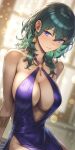  ai-generated blue_eyes breasts byleth_(female)_(fire_emblem) byleth_(fire_emblem) cocktail_dress dclevesque dress fire_emblem green_hair highres large_breasts sitting 