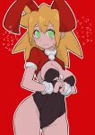  1girl absurdres animal_ears between_breasts black_leotard blonde_hair blush breasts buzzlyears cowboy_shot cropped_jacket fake_animal_ears fake_tail green_eyes highres jacket leotard looking_at_viewer medium_breasts mega_man_(series) mega_man_legends_(series) nervous_smile paid_reward_available playboy_bunny rabbit_ears rabbit_tail red_background red_jacket roll_caskett_(mega_man) simple_background smile solo star_(symbol) tail tears 