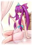  alternate_costume alternate_hairstyle bed blush breasts crescent crescent_hair_ornament curtains fechirin hair_ornament lingerie long_hair medium_breasts nightgown no_hat no_headwear patchouli_knowledge purple_hair solo touhou twintails underwear 