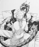  2boys androgynous arknights bed_sheet chinese_commentary chong_yue_(arknights) closed_mouth coat_partially_removed commentary_request doctor_(arknights) dragon_boy dragon_horns dragon_tail grey_background greyscale hands_up highres horns kneeling long_hair long_sleeves long_tail looking_at_another low_ponytail male_doctor_(arknights) male_focus monochrome multicolored_hair multiple_boys pillow pointy_ears rivershirt simple_background sitting streaked_hair tail traditional_media undressing_another yaoi 