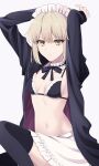  1girl apron artoria_pendragon_(alter_swimsuit_rider)_(fate) artoria_pendragon_(alter_swimsuit_rider)_(second_ascension)_(fate) artoria_pendragon_(fate) bikini black_bikini black_thighhighs blonde_hair braid breasts bridal_garter choker fate/grand_order fate_(series) frilled_bikini frilled_choker frills highres hood hoodie jacket looking_at_viewer maid maid_bikini maid_headdress medium_breasts navel neck_garter open_clothes open_hoodie ribbon short_hair solo swimsuit thighhighs unconventional_maid waist_apron yellow_eyes zhu_li 