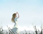  blonde_hair copyright_request day dress expressionless grass keisan long_hair looking_up mountain shading_eyes sky solo 