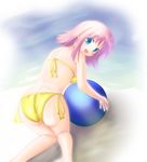  :d all_fours ass bad_id bad_pixiv_id ball beachball bikini blue_eyes butt_crack haru_(arser_doil) looking_back milfa open_mouth pink_hair short_hair side-tie_bikini smile solo swimsuit to_heart_2 