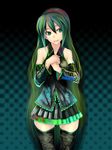  alternate_hairstyle bare_shoulders black_legwear detached_sleeves green_eyes green_hair hair_down hatsune_miku long_hair long_sleeves looking_at_viewer solo standing thighhighs tobimaru very_long_hair vocaloid zettai_ryouiki 