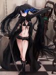  arm_cannon belt bikini_top black_hair black_rock_shooter black_rock_shooter_(character) blue_eyes coat denim denim_shorts flat_chest highres huge_weapon katana legs long_hair midriff open_clothes open_coat scharfschutze shorts solo sword twintails very_long_hair weapon 