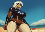  accipitrid accipitriform anthro avian beach bird clothing cloud female harris&#039;s_hawk hi_res lifeguard simple_background simple_coloring sketch sky solo text water wet wet_clothing 