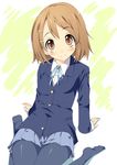  arm_support blush brown_eyes brown_hair hirasawa_yui ichijou_hitoshi k-on! no_shoes pantyhose school_uniform short_hair sitting skirt smile solo wariza 