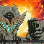  1other can commentary drink_can explosion hand_up helmet highres holding holding_can honkai:_star_rail honkai_(series) monster_energy nebulimes portrait sam_(honkai:_star_rail) soda_can solo 