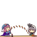  :d carrot chibi chopsticks cleaver cooking cutting food hat konpaku_youmu multiple_girls open_mouth saigyouji_yuyuko simple_background smile socha soy_sauce touhou 