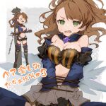  &gt;_&lt; 1girl arms_behind_back bdsm beatrix_(granblue_fantasy) beatrix_(halloween)_(granblue_fantasy) blush bondage bound bound_arms breasts brown_hair cleavage commentary_request full_body granblue_fantasy green_eyes medium_breasts motoaki multiple_views navel open_mouth ponytail solo wavy_hair wavy_mouth 