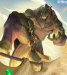  2024 abs anthro armor bottomwear claws clothed clothing clothing_lift crocodile crocodilian crocodylid digital_media_(artwork) fansl featureless_crotch green_body hand_on_leg hand_on_thigh headgear helmet hi_res league_of_legends loincloth loincloth_lift looking_at_viewer male multicolored_body muscular muscular_anthro muscular_male pecs pose renekton reptile riot_games sand scalie simple_background solo tail teeth tencent two_tone_body weapon yellow_eyes 