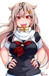  1girl absurdres artist_name baileys_(tranquillity650) black_gloves black_ribbon black_serafuku blonde_hair blush breasts fingerless_gloves gloves hair_flaps hair_ornament hair_ribbon hairclip hands_on_own_hips highres kantai_collection long_hair looking_at_viewer medium_breasts neckerchief open_mouth red_eyes red_neckerchief ribbon scarf school_uniform serafuku short_sleeves signature simple_background smile solo twitter_username white_background white_scarf yuudachi_(kancolle) yuudachi_kai_ni_(kancolle) 