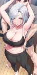  1boy 1girl absurdres akchu arms_up barefoot behind_another black_pants black_sports_bra blue_eyes breasts genshin_impact grey_hair hair_over_one_eye highres large_breasts navel pants parted_lips shenhe_(genshin_impact) sports_bra stomach yoga_pants 