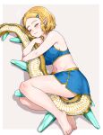  1girl blonde_hair blue_shorts braid closed_mouth commentary_request crop_top crown_braid dragon_tail fetal_position from_above full_body grey_background hair_ornament hairclip highres hugging_tail light_dragon_(zelda) lying navel on_side parted_bangs pointy_ears princess_zelda short_hair short_shorts shorts sleeping smile solo spoilers tail the_legend_of_zelda the_legend_of_zelda:_tears_of_the_kingdom toes wasabi_(legemd) 