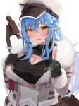 1girl absurdres ahoge alternate_costume black_gloves blue_hair blush braid breasts cleavage commentary_request crop_top elf french_braid fur-trimmed_jacket fur_trim gloves grey_jacket hair_between_eyes hat highres hololive jacket large_breasts long_hair long_sleeves looking_at_viewer micon open_mouth peaked_cap pointy_ears simple_background solo sweat upper_body virtual_youtuber white_background white_hat yellow_eyes yukihana_lamy 