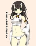  akeome animal_ears animal_print bad_id bad_pixiv_id bell binega~a black_hair blue_eyes chinese_zodiac copyright_request cow_ears cow_print detached_sleeves green_eyes happy_new_year horns midriff navel new_year panties short_hair solo translated underwear year_of_the_ox 